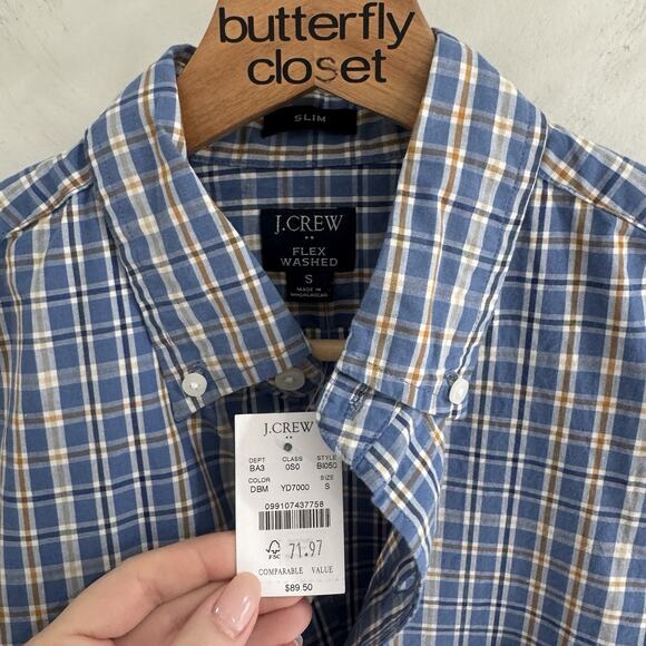 Men’s J. Crew Blue Plaid Flex Washed Slim Fit Button Down Shirt New Small CV - Picture 3 of 4